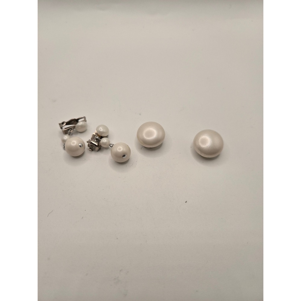 Vintage Japan Faux Pearl Clip On Earring Set Button and Triple Drop Silver Tone
